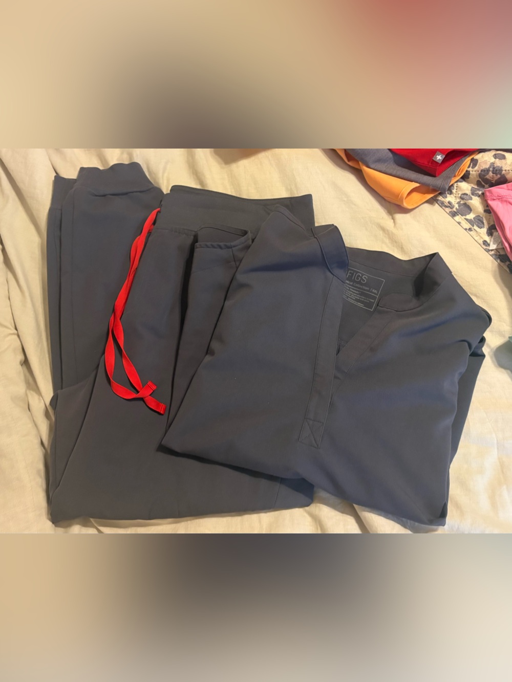 FIGS Charcoal Scrub Set with Red Drawstring Accent